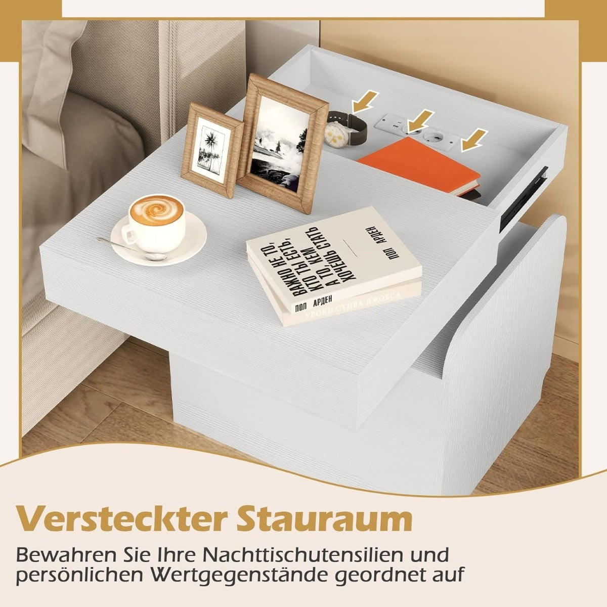 NACHTTISCH mit integrierter Ladestation, 1 Schublade, 3 offene Fächer, 50 x 40 x 55 cm, Weiß - Weiß, Holzwerkstoff/Metall (50/55/40cm) - DESIGN IN