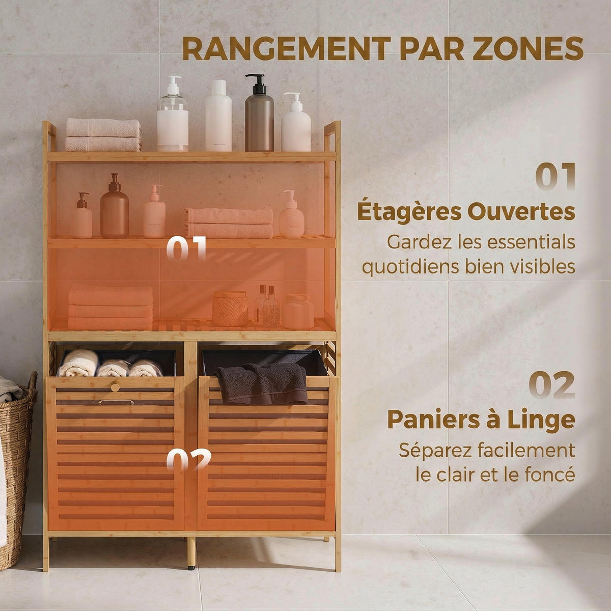 BADEZIMMERSCHRANK Natur mit 2 Wäschekörben und 3 Ablagen - Eichefarben, Holz (80/118/30cm) - PANGIVO