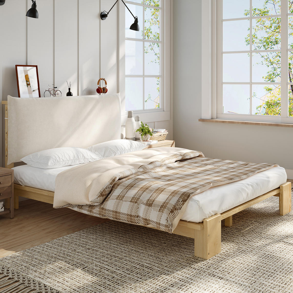 POLSTERBETT 140/200 cm natur aus Holz mit gepolsterter Rückenlehne - Naturfarben, Textil (140/200cm) - OKWISH