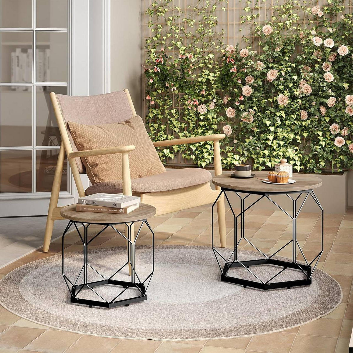 COUCHTISCH 2er Set, rund, Graue Holzoptik - Schwarz/Sonoma Eiche, Holzwerkstoff/Metall (50/50/45cm) - Woltu