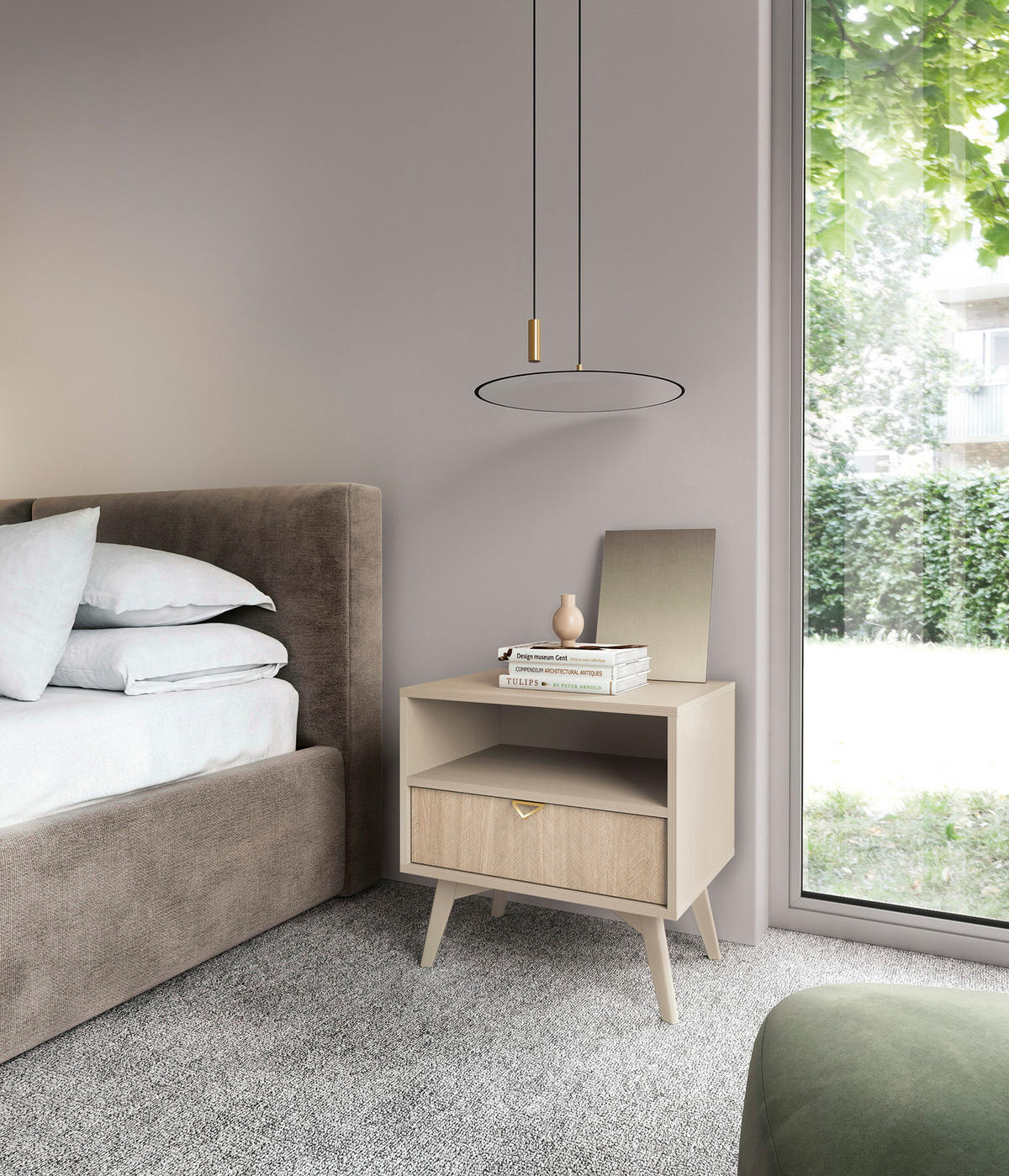 NACHTTISCH Silva in der Farbe Sandbeige + Scandi-Fischgrätmuster mit Ablage und Schublade - Beige/Goldfarben, Holz/Holzwerkstoff (54/54/38cm) - Ravio