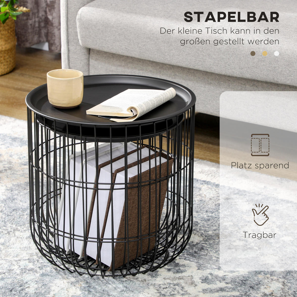 COUCHTISCH 2er-Set 40/35 x 40/35 cm aus Stahl mit Stauraum, Schwarz - Schwarz, Metall (40/40/40cm) - Flora Grace