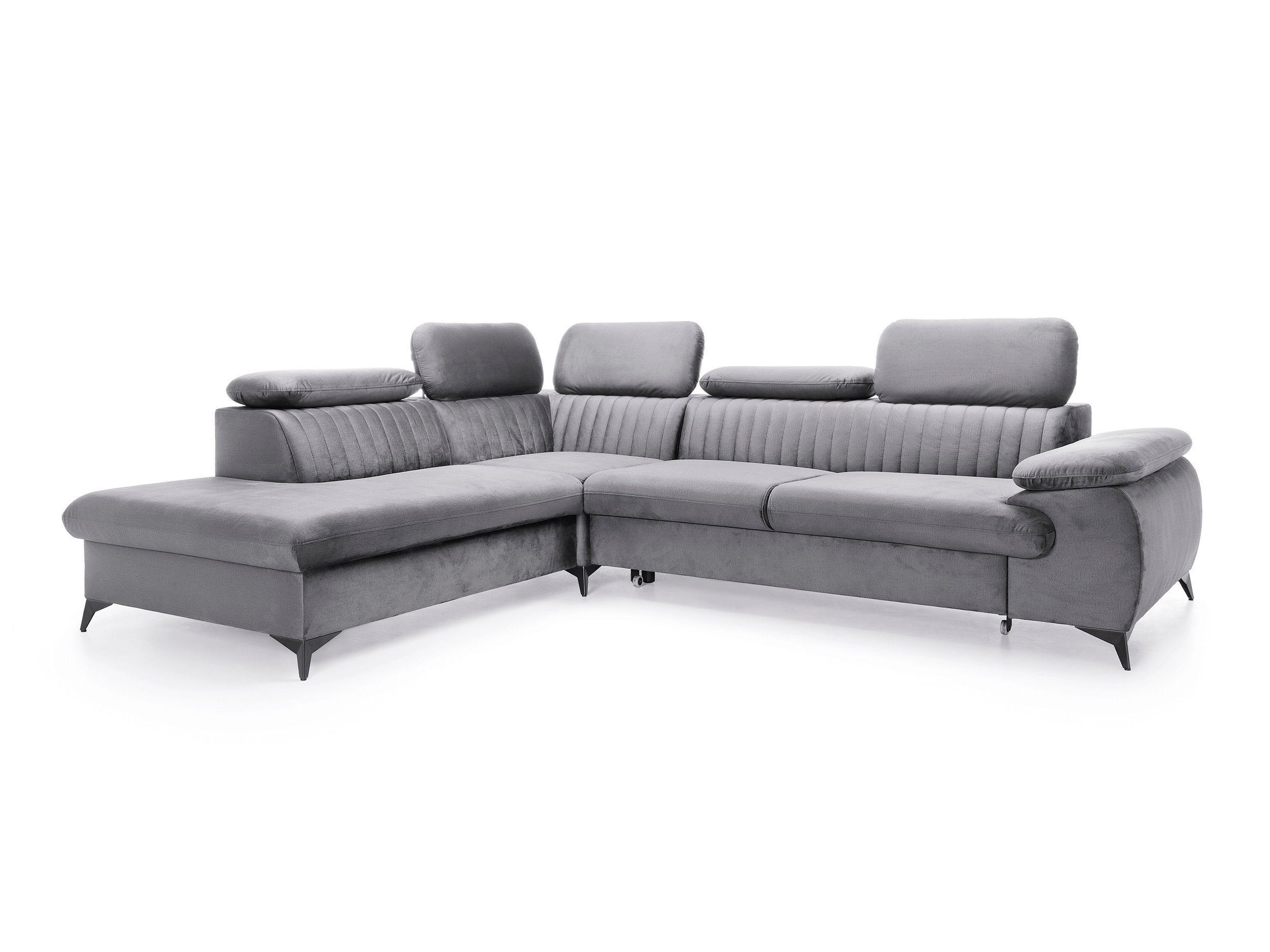 ECKSOFA FIORE Grau Velours-Stoff mit Schlaffunktion - Grau, Holz (275/221cm) - MASSENO