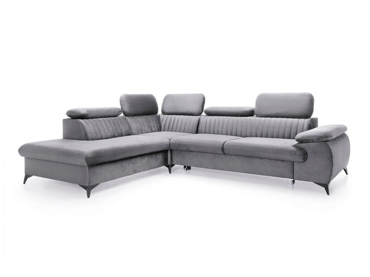 ECKSOFA FIORE Grau Velours-Stoff mit Schlaffunktion - Grau, Holz (275/221cm) - MASSENO