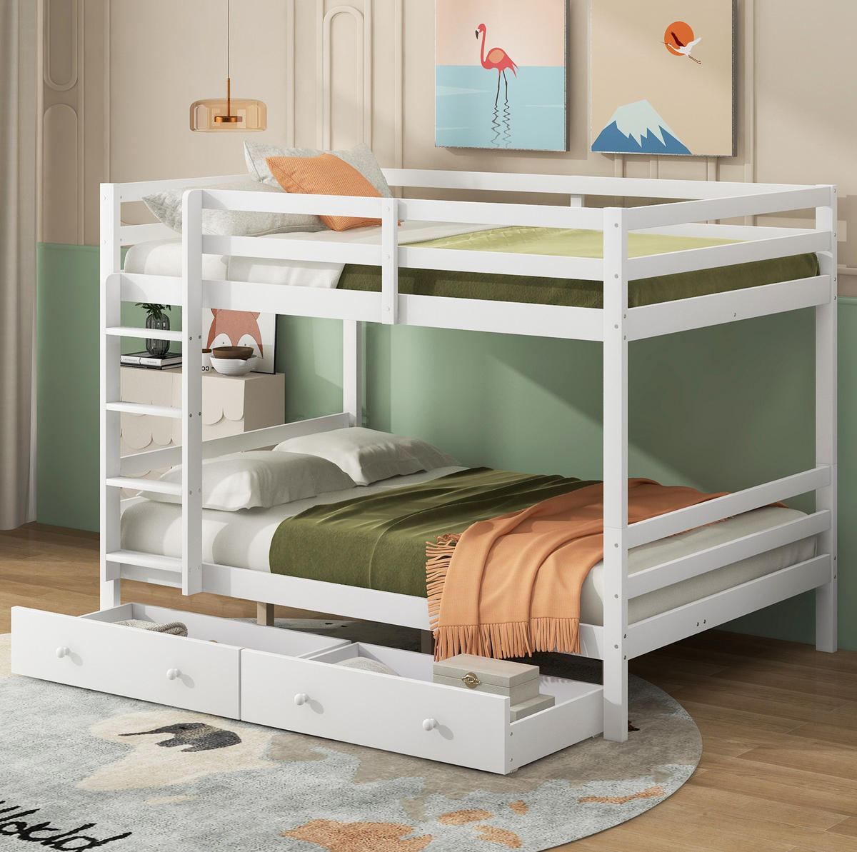 KATNI krevet od borovine 140x200 cm bijela s ladicama, spremištem i visokim ogradama - bijela, drvni materijal (140/200cm) - Modfu