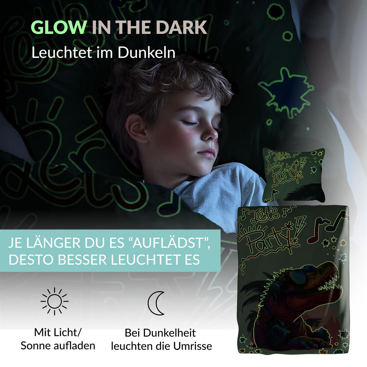 KINDERBETTWÄSCHE 135x200 cm Dino Dinosaurier aus 100% Baumwolle - Leuchtet um Dunkeln - Grün, Textil (135/200cm) - Carpe Sonno