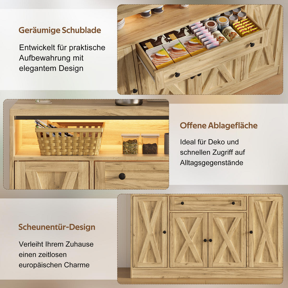 KÜCHENSCHRANK Sideboard Natur mit RGB-LED 4 Scheunentüren & Türablagen - Naturfarben, Holzwerkstoff (140/95/35cm) - Urban Meuble