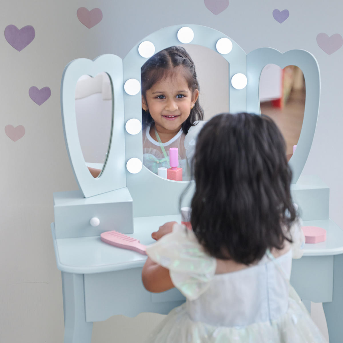 SCHMINKTISCH herzförmig mit LED, Hellblau, 100cm - Blau, Holzwerkstoff (33/100/65cm) - Teamson Kids