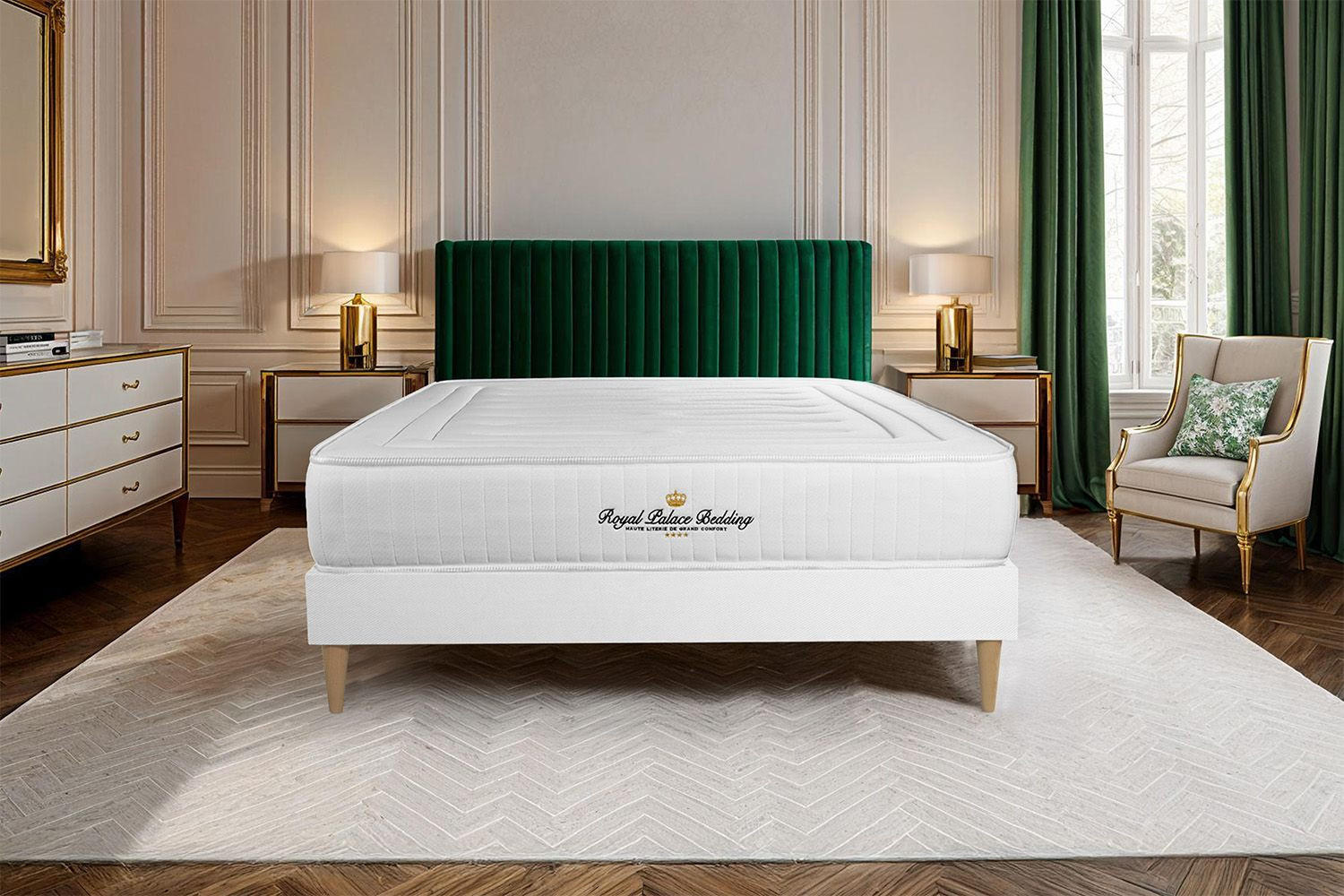 BETT Lancaster Taschenfederkern und Memory-Schaum 180 x 220 cm h3 - Kit Bettgestell Weiß - Beige/Weiß, Holz (180/220cm) - ROYAL PALACE BEDDING