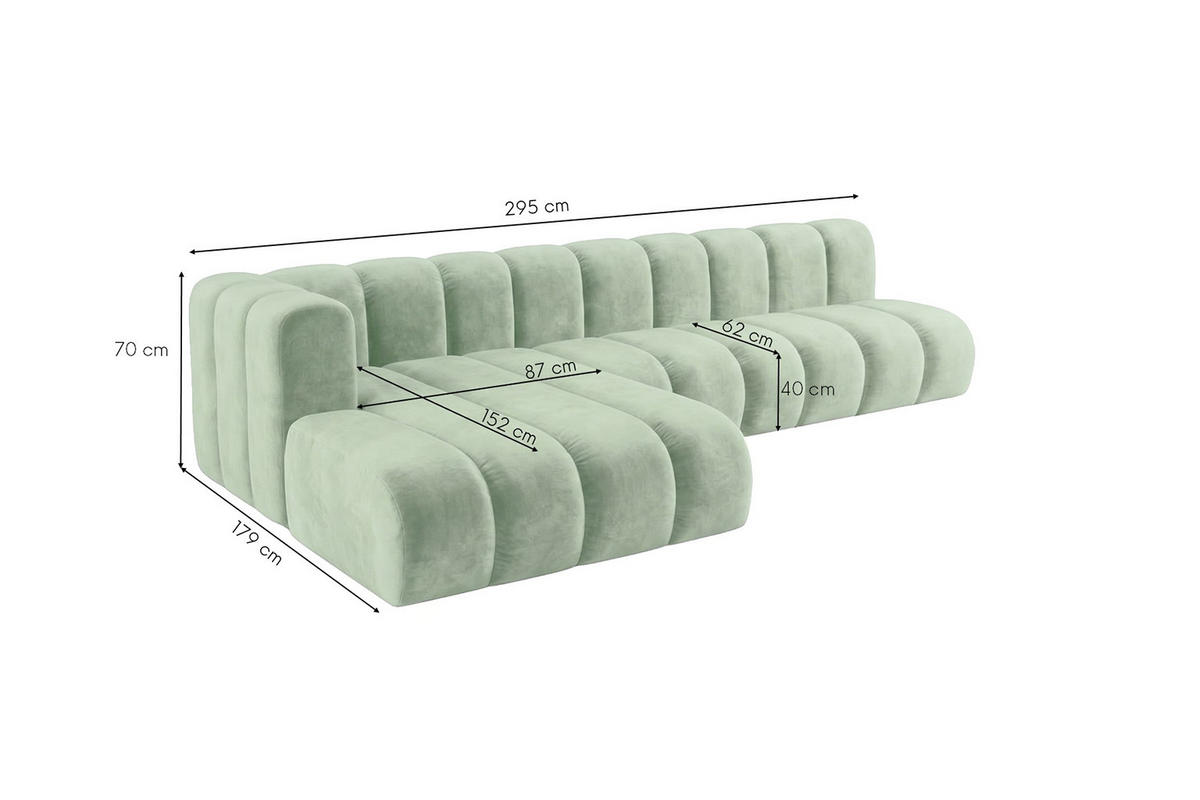 ECKSOFA Modulares In L-Form, Velvet-Stoff Riviera, Mintz, Links, GRAND 295 cm - Mintgrün, Holz (295/179cm) - Kaiser Möbel