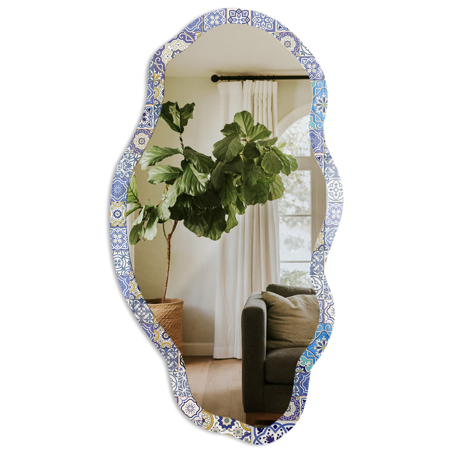 SPIEGEL 90x45 cm asymmetrisch mit Druck - Mediterrane Fliesen - Transparent, Glas (45/90/0.4cm) - TULUP