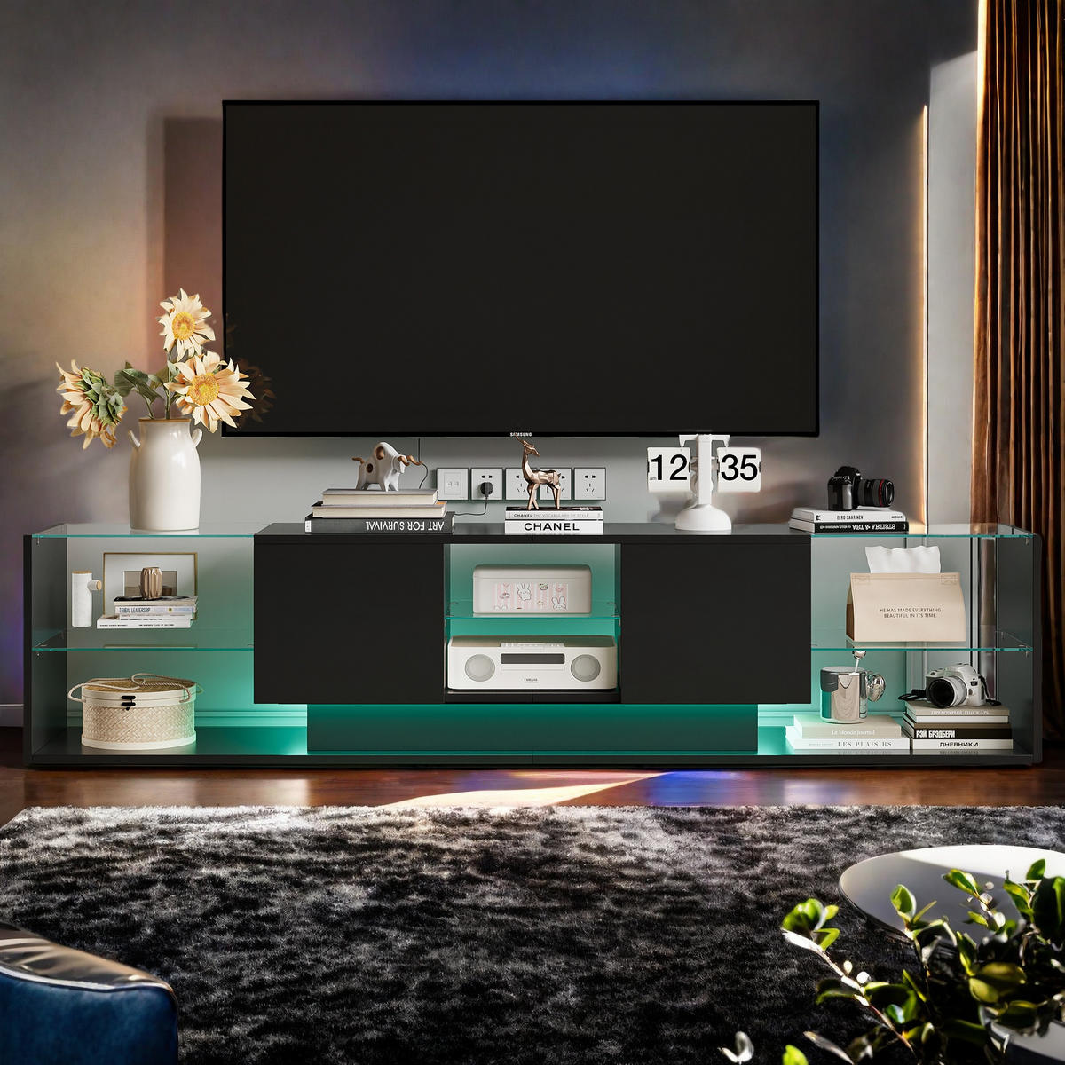 LED TV-TISCH 200CM SCHWARZ PRAKTISCHE AUFBEWAHRUNG - Schwarz, Holzwerkstoff (35/45/200cm) - SHOPENTRA