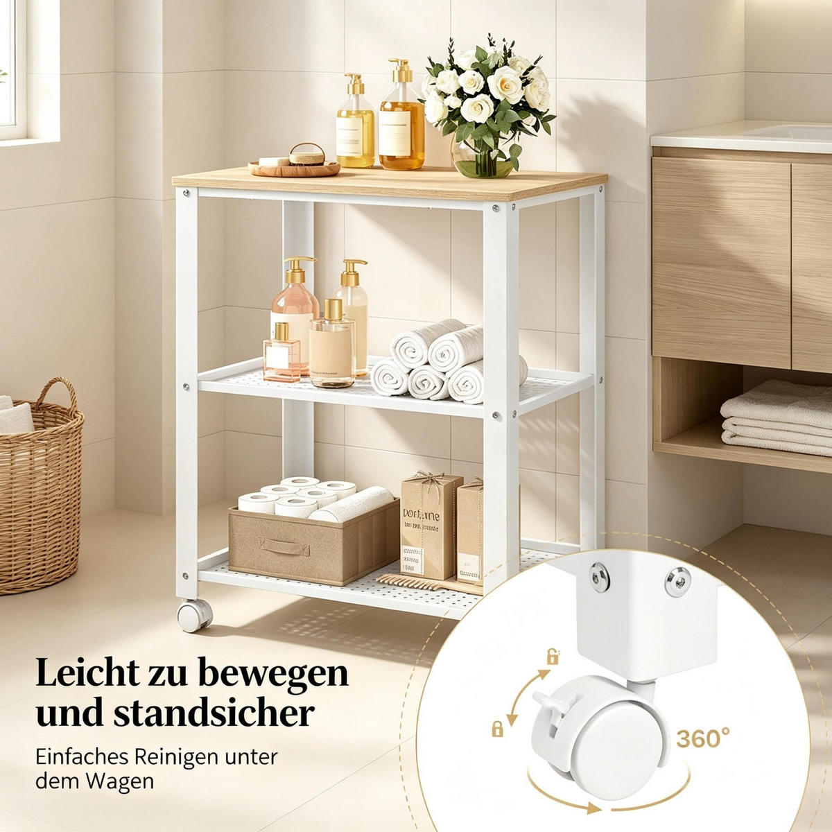 KÜCHENWAGEN 3 ETAGEN, Metall Und Holz, Weiß-Helle Eiche, Kompakter Küchenhelfer - Weiß, Holzwerkstoff (40/76/60cm) - Rolipo