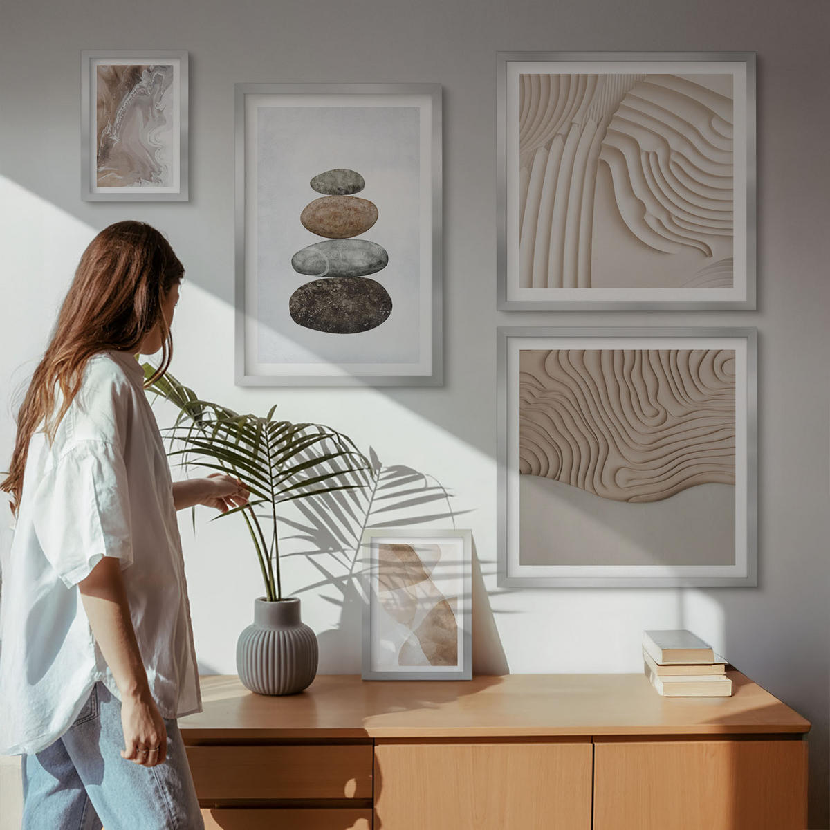 WANDBILDER 5er Set - 50x50 cm & 20x30 cm & 40x60 cm Silberner Rahmen - Abstrakte bemalte Strukturen - Silberfarben, Kunststoff (40/60cm) - ArtPrintCave