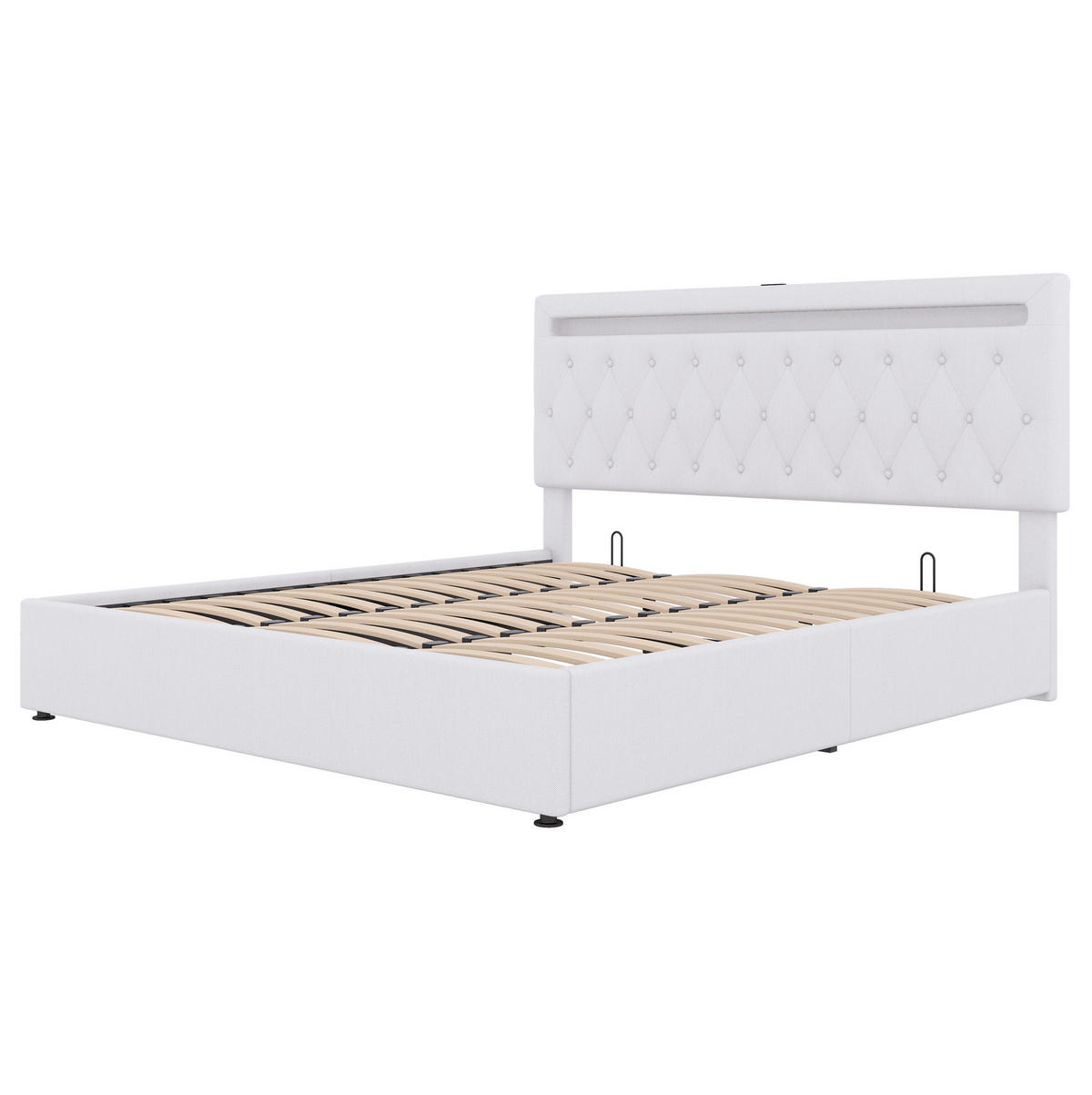 BETT mit Stauraum 180x200 cm Leinen Weiß mit LED und USB - Weiß, Metall (180/200cm) - Meubliv
