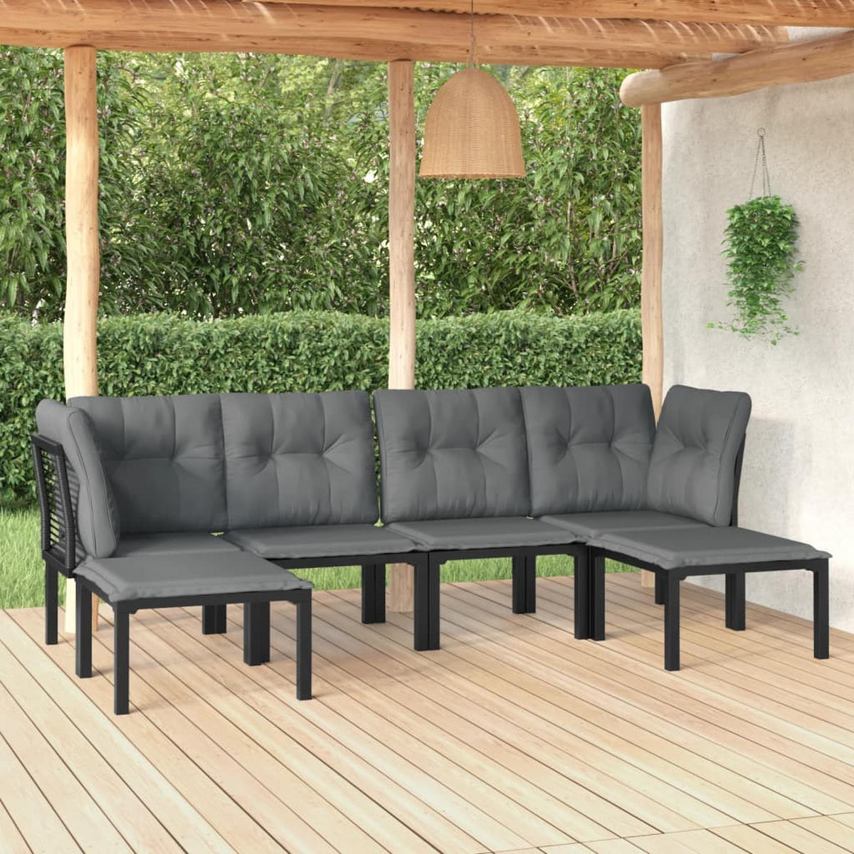 GARTEN-LOUNGE-SET 6-teilig Schwarz Und Grau Poly Rattan - Schwarz, Metall - vidaXL
