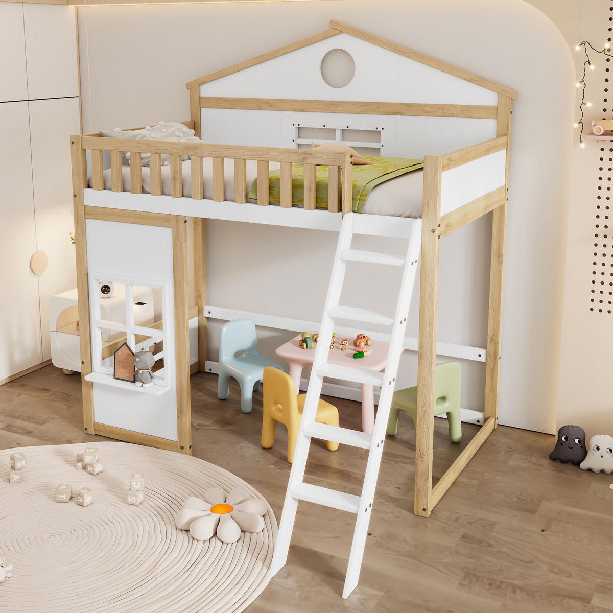 ETAGENBETT 90/200 cm mit Treppe, Fallschutz, Dach und Fenstern aus Kiefer und MDF, Weiß/Natur - Weiß, Holz (90/200cm) - Redom