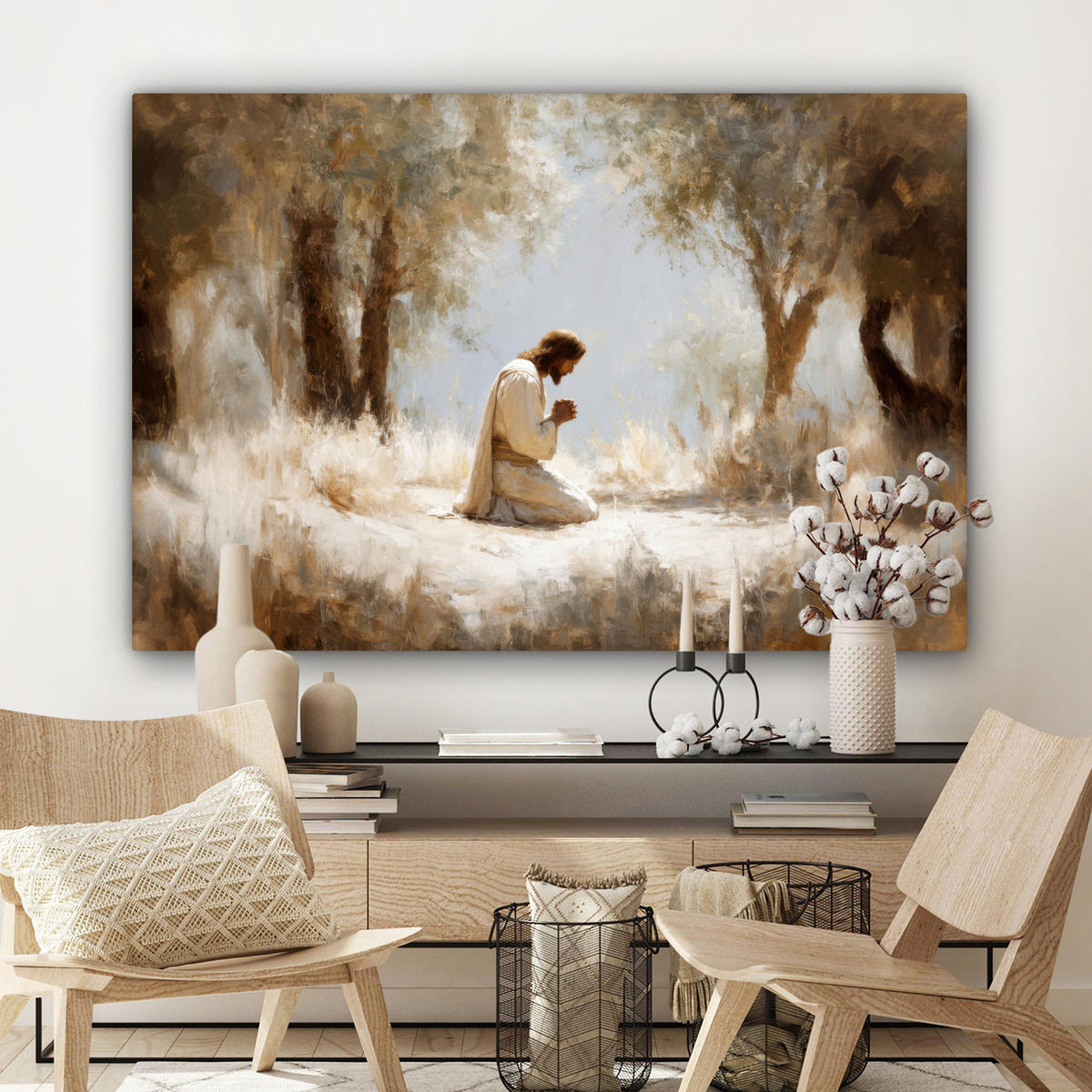 LEINWANDBILD Jesus - Kniend - Waldlandschaft - Betend Wohnzimmer Groß 120x80 cm - Beige/Hellblau, Textil (120/80cm) - MuchoWow