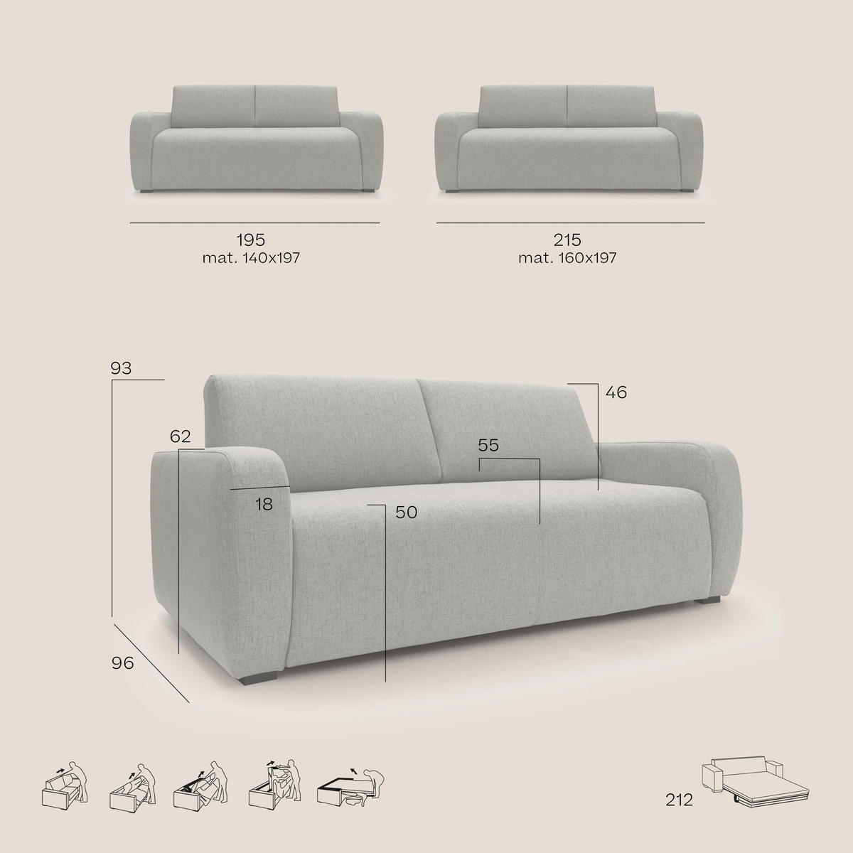 SCHLAFSOFA Duna - Hellblau, Textil (215/93/100cm) - Divani.store
