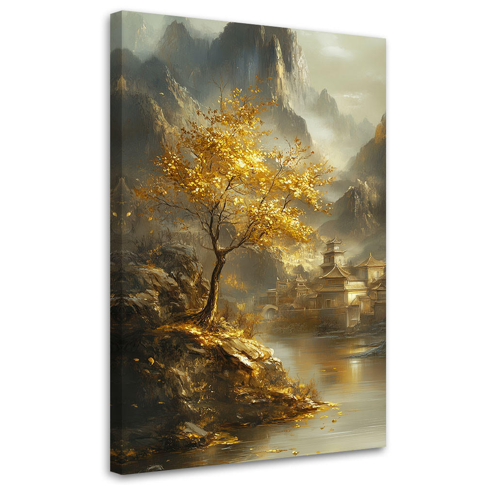 LEINWANDBILD Landschaftsberg Goldener Baum 70x100cm - Goldfarben, Textil (70/100cm) - Feeby