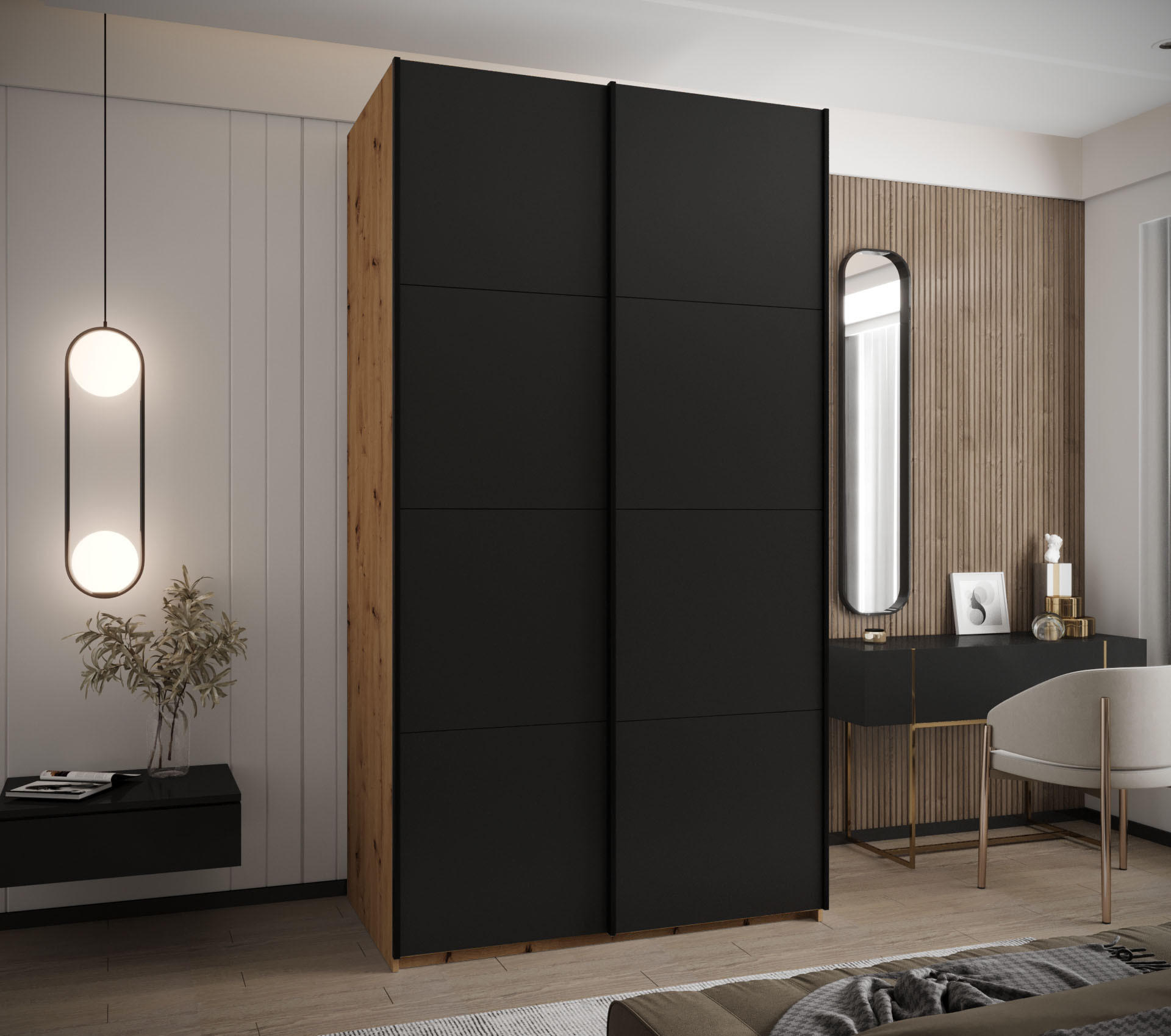 SCHWEBETÜRENSCHRANK 245,5/140/64 2-türig - Schwarz/Eiche Artisan, Holz/Metall (140/245/64cm) - Abiks Möbel