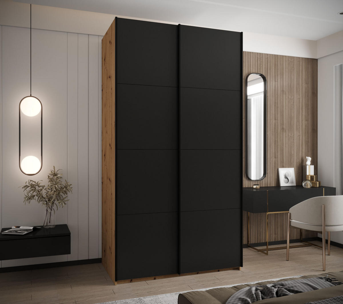 SCHWEBETÜRENSCHRANK 245,5/140/64 2-türig - Schwarz/Eiche Artisan, Holz/Metall (140/245/64cm) - Abiks Möbel