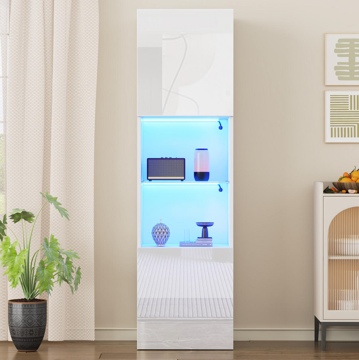 VITRINE 45/35/160 cm in Weiß Hochglanz mit LED-Beleuchtung - Weiß, Holzwerkstoff (45/160/35cm) - Flora Grace