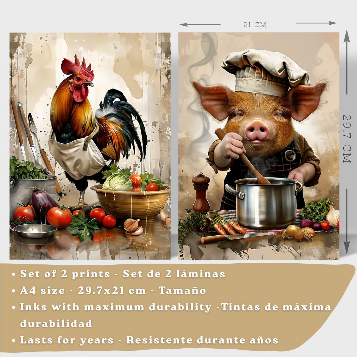 PLAKAT Sada 2 Animal Chef A4 Bílý rám - bílá, papír (29.7/1/21cm) - Nacnic