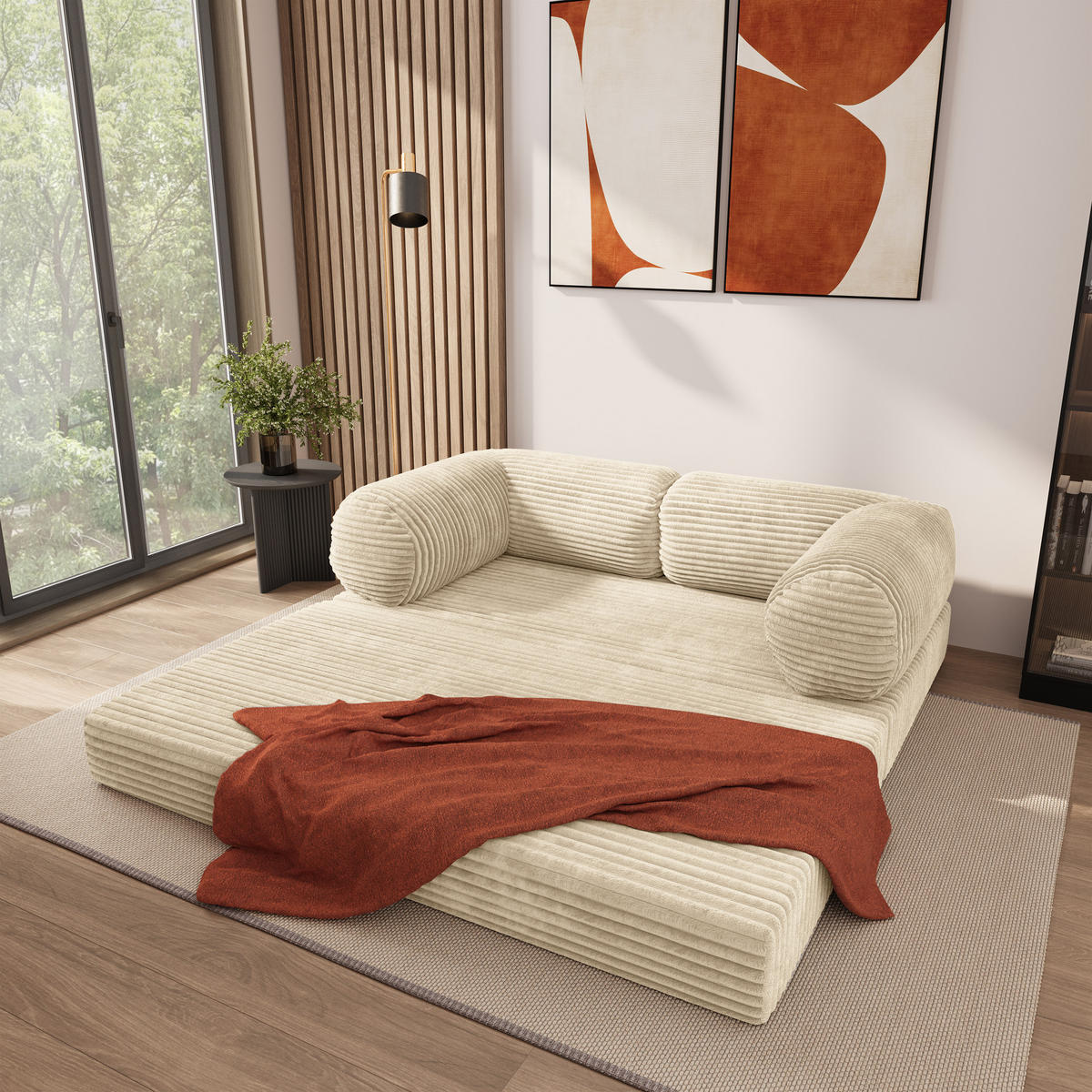 POHOVKA z pěny ALVIO s funkcí spaní Manšestrová látka Krémová - krémová, textil (170/68/80cm) - MASSENO