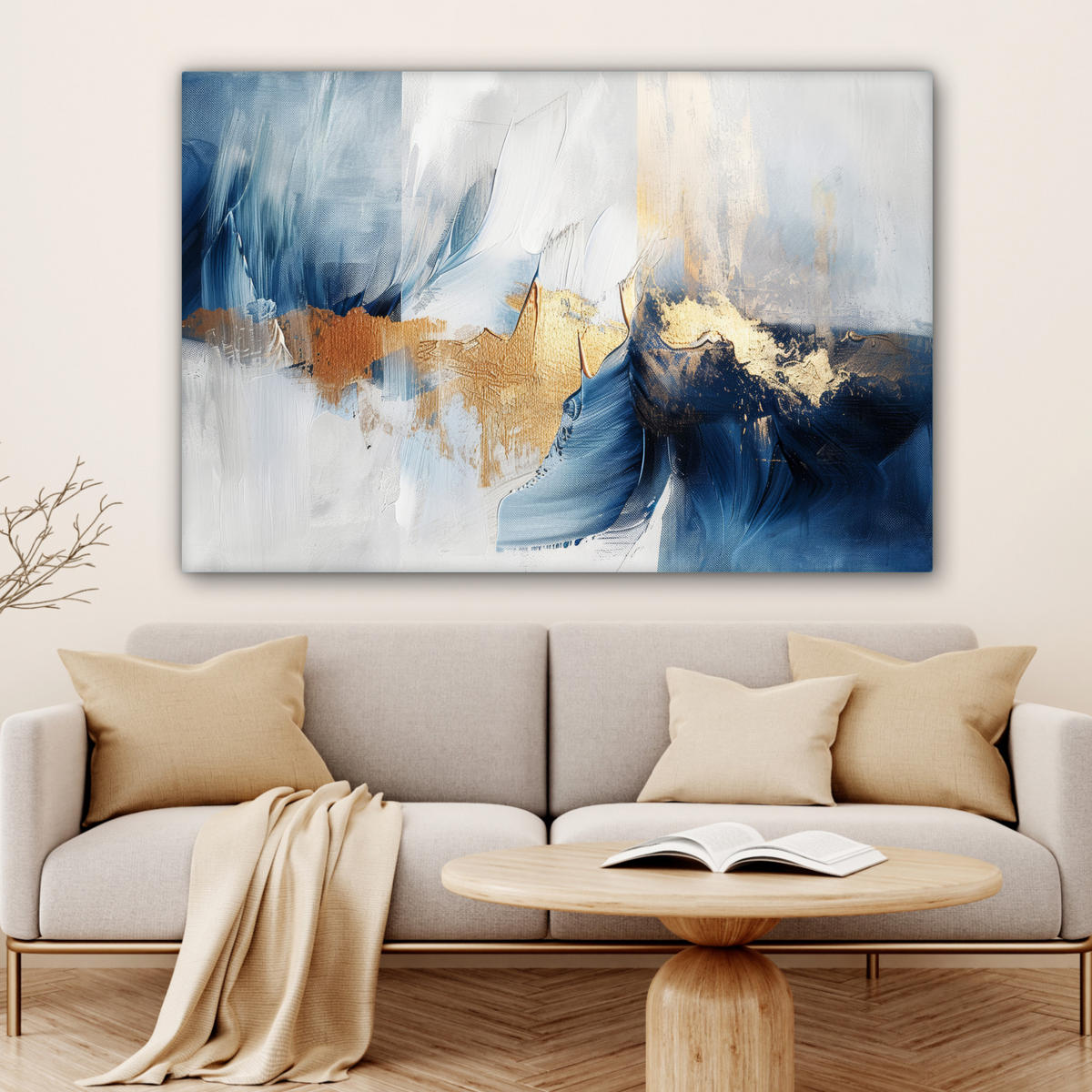 LEINWANDBILD Gold - Blau - Aquarell - Kunst - Modern Wohnzimmer Groß 120x80 cm - Hellblau, Textil (120/80cm) - MuchoWow