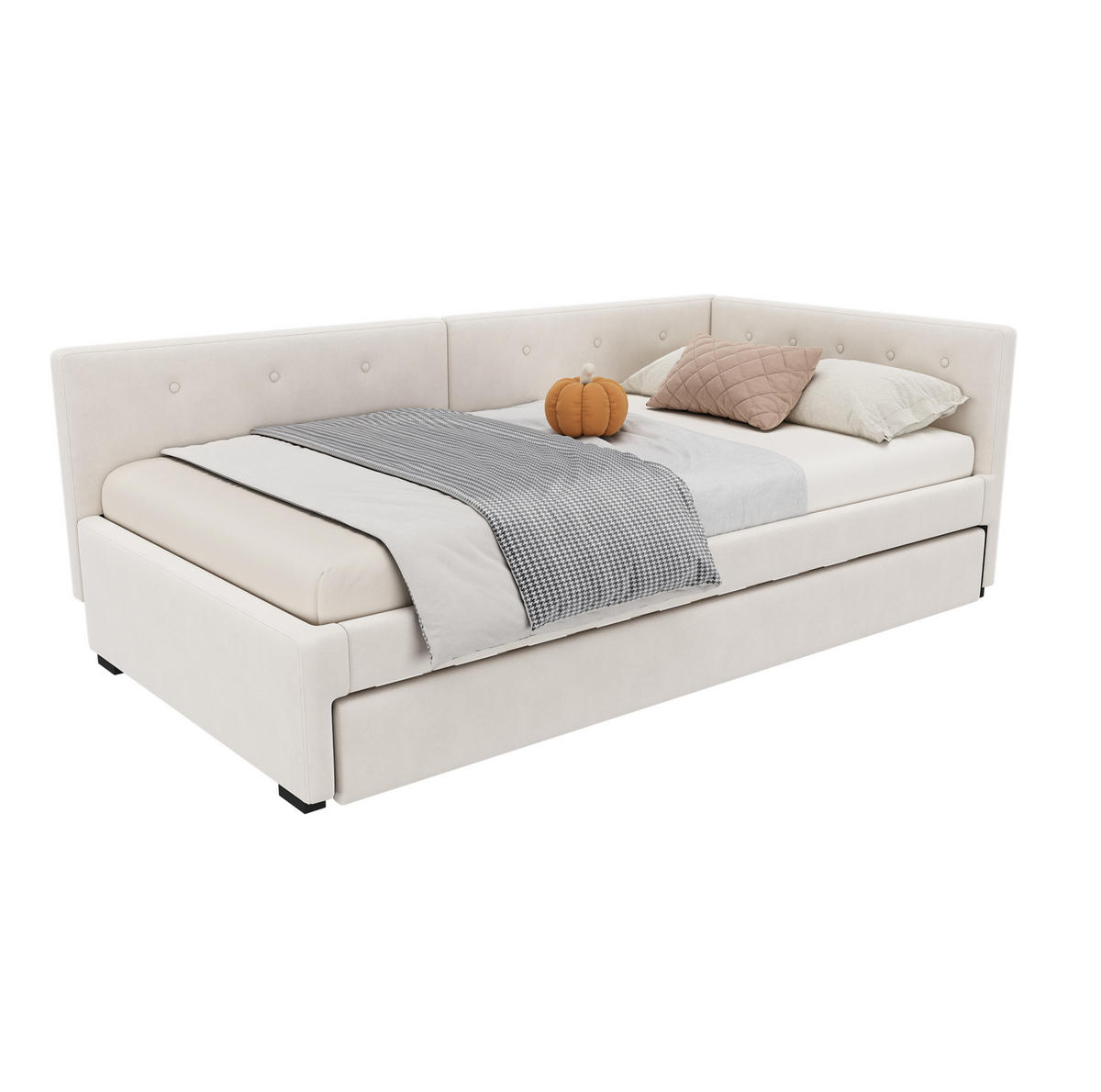 TAGESBETT 90/200 cm mit ausziehbarem Rollbett, Lattenrost und Samtbezug, Beige - Beige, Textil (90/200cm) - Redom