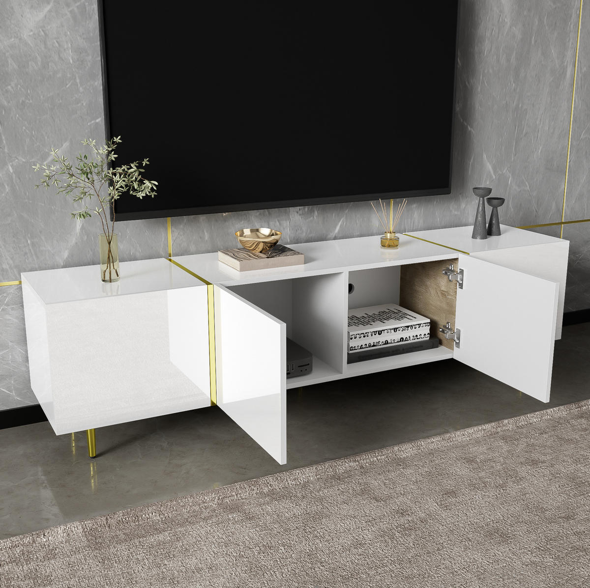 TV-SCHRANK mit 4 Türen 170 cm MDF Weiß Hochglanz - Weiß, Holzwerkstoff (35/46/170cm) - Beauniv