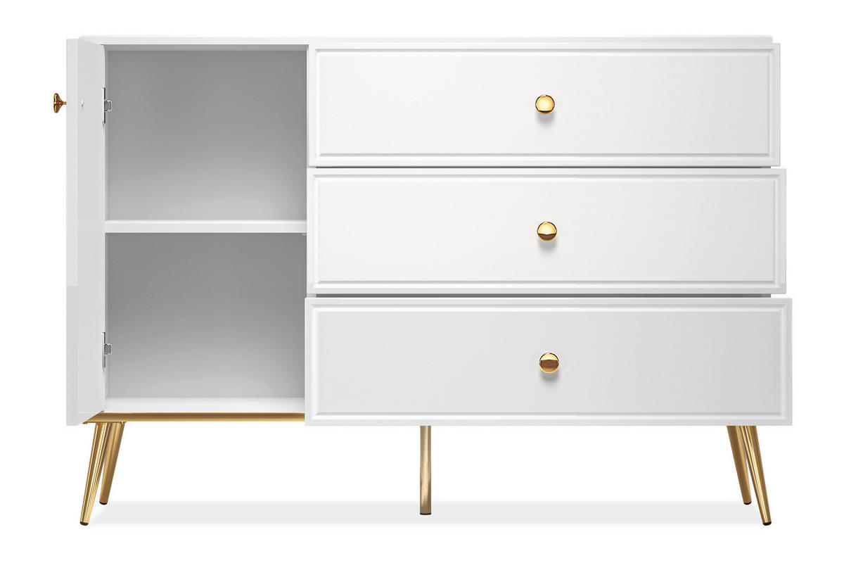 KOMMODE ISORIA auf hohen goldenen Beinen, Glas Weiß - Goldfarben/Weiß, Holz/Metall (120/85/40cm) - KONSIMO®