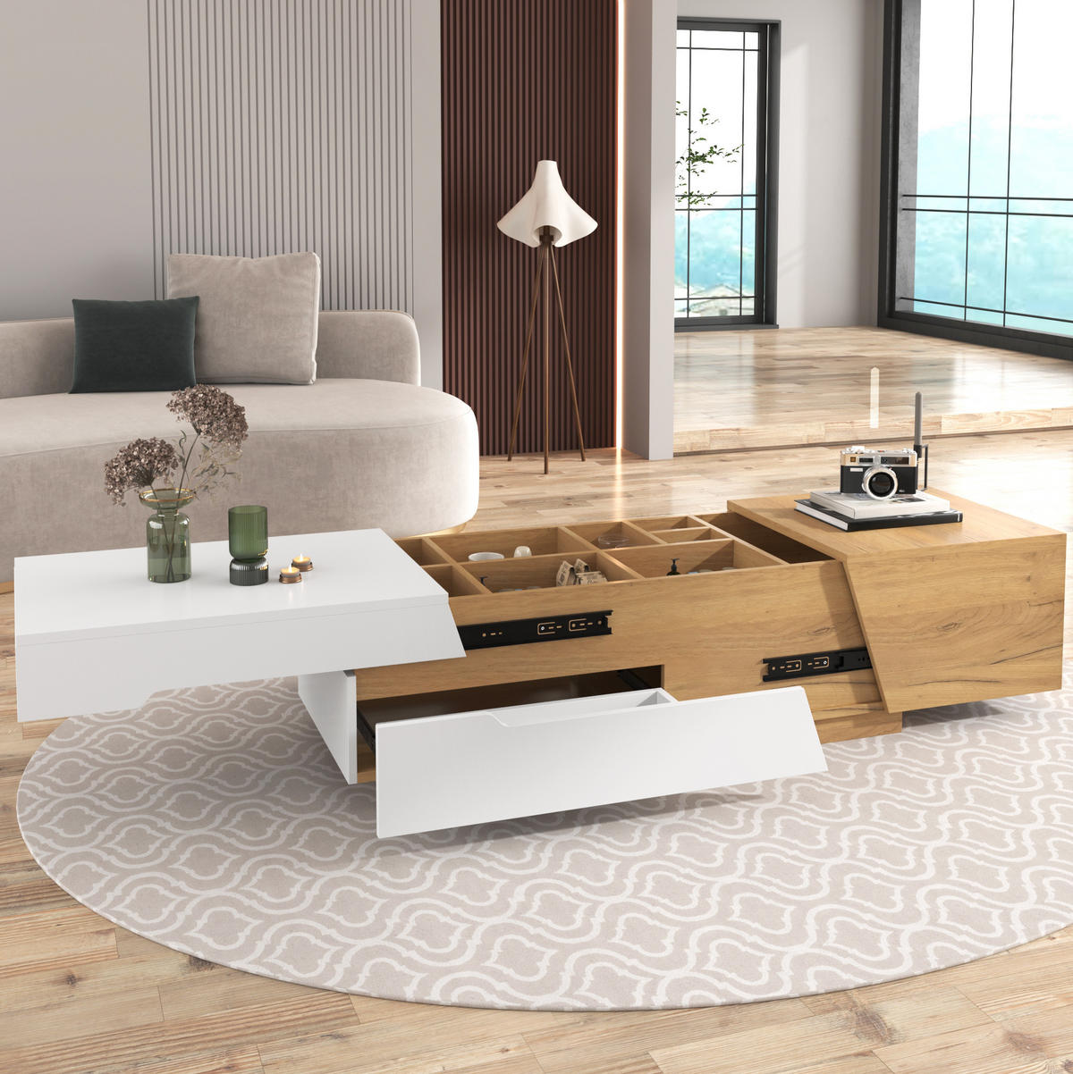 COUCHTISCH 120/50/37.5 cm in Weiß/Holzoptik aus MDF mit Schiebefunktion - Naturfarben, Holzwerkstoff (120/50/37.5cm) - OKMYHOME
