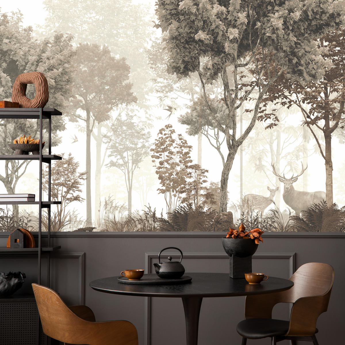 FOTOTAPETE für Esszimmer Vintage Wald Bäume Hirsche 500x350 - Gelb/Beige, Papier (500/350cm) - Muralo