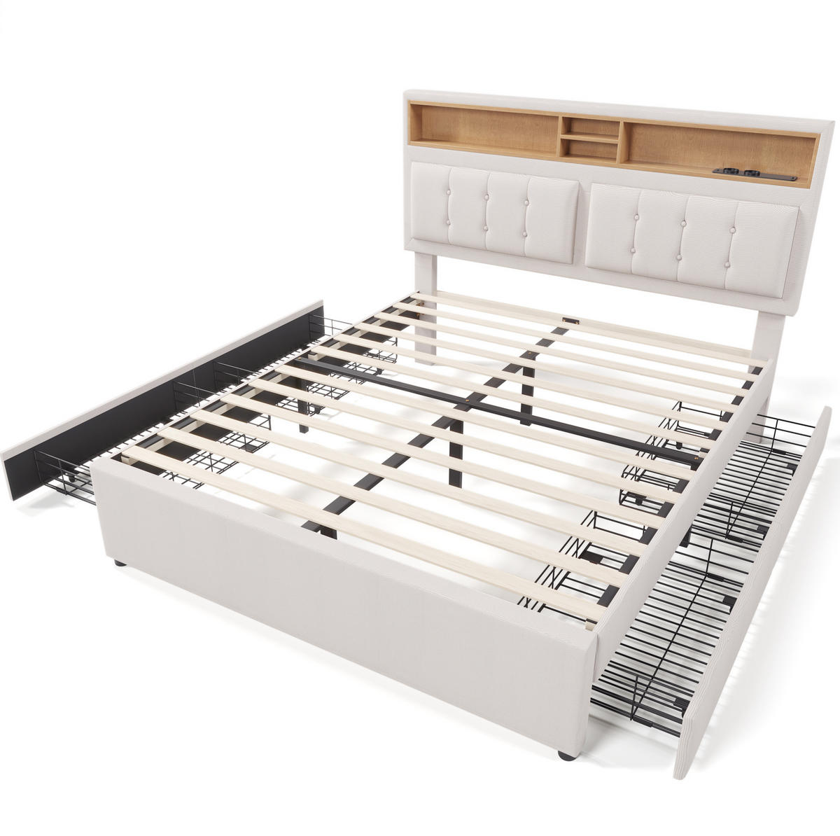 POLSTERBETT 160/200 cm mit Matratze, USB-C, Steckdosen, 4 Schubladen und verstellbarem Kopfteil, Beige - Beige, Textil (160/160cm) - Redom