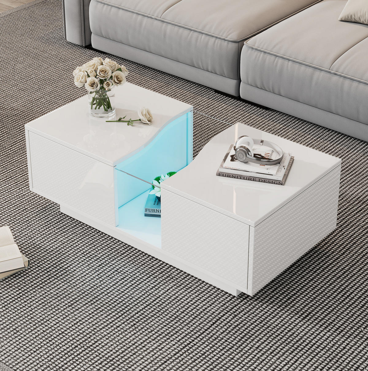 COUCHTISCH mit LED 100 x 50 x 35 cm MDF Weiß Hochglanz - Weiß, Wellpappe (100/50/35cm) - Meubliv