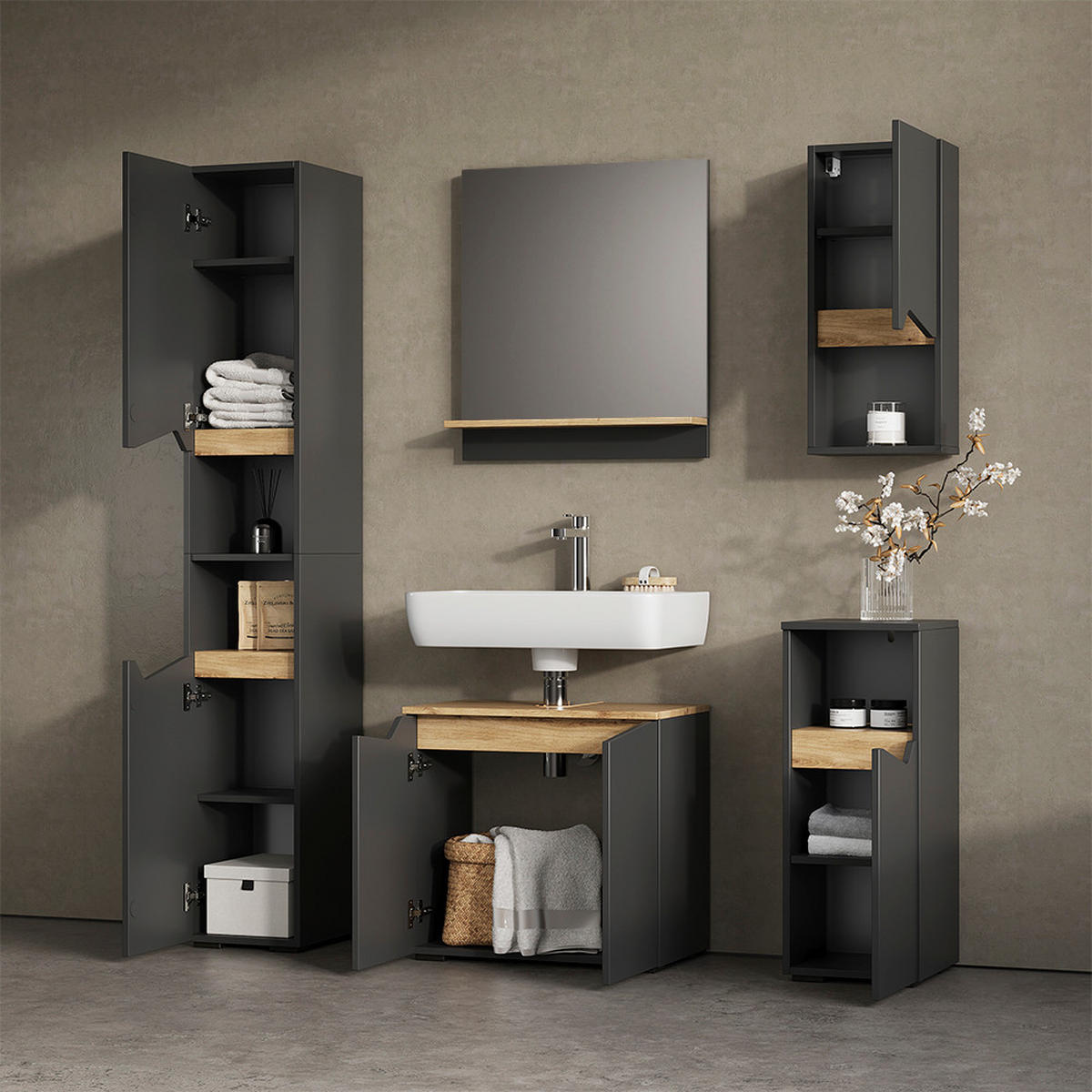 BADMÖBEL-KOMBINATION Timavo Anthrazit 5 Teile - Anthrazit/Eiche Artisan, Holzwerkstoff (60/57/35cm) - Livinity®