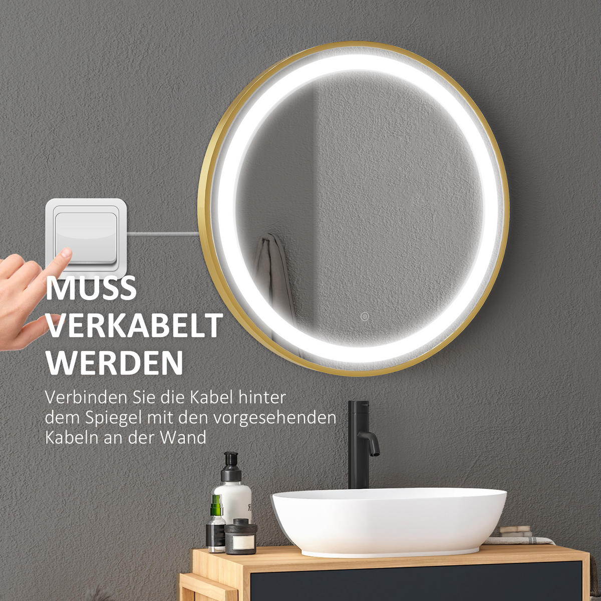 BADSPIEGEL, mit Memoryfunktion, Zeitanzeige, LED-Leuchte, IP44 - Goldfarben, Glas (4/60/60cm) - Kleankin