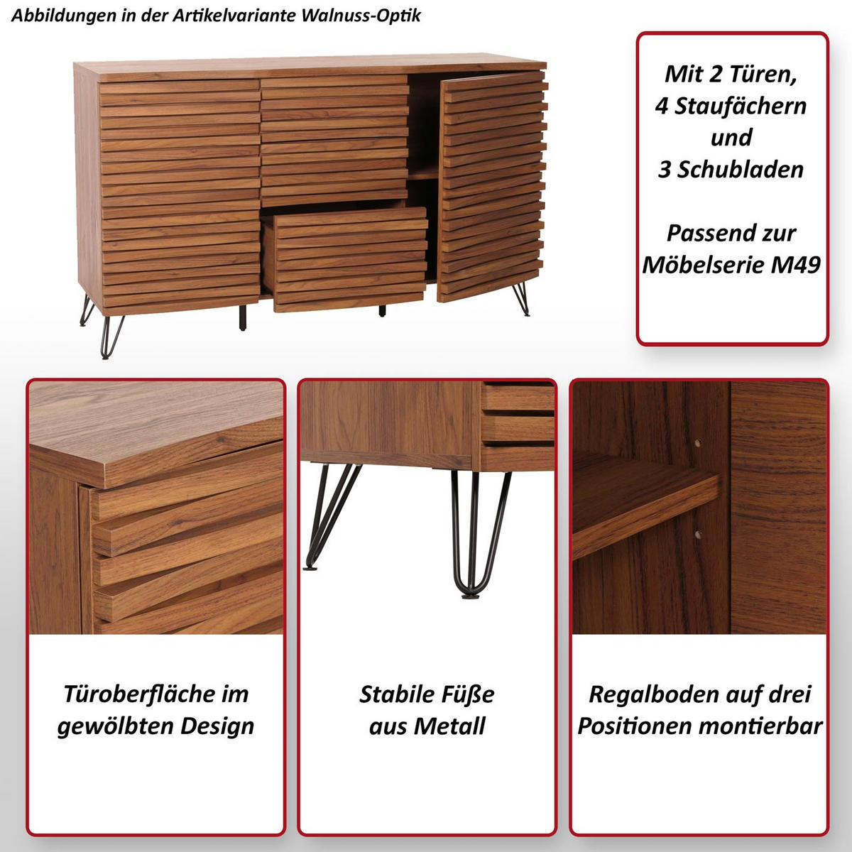 SIDEBOARD Walnuss Dekor - Walnussfarben, Holzwerkstoff (142/85/44cm) - MCW