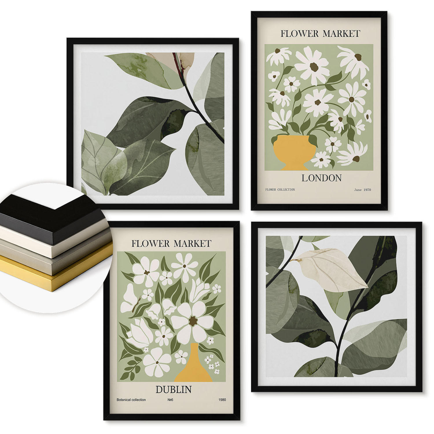 WANDBILDER 4er-Set - 50x50 cm & 40x60 cm Schwarzer Rahmen - Blumenmuster London Dublin - Schwarz, Kunststoff (50/50cm) - ArtPrintCave