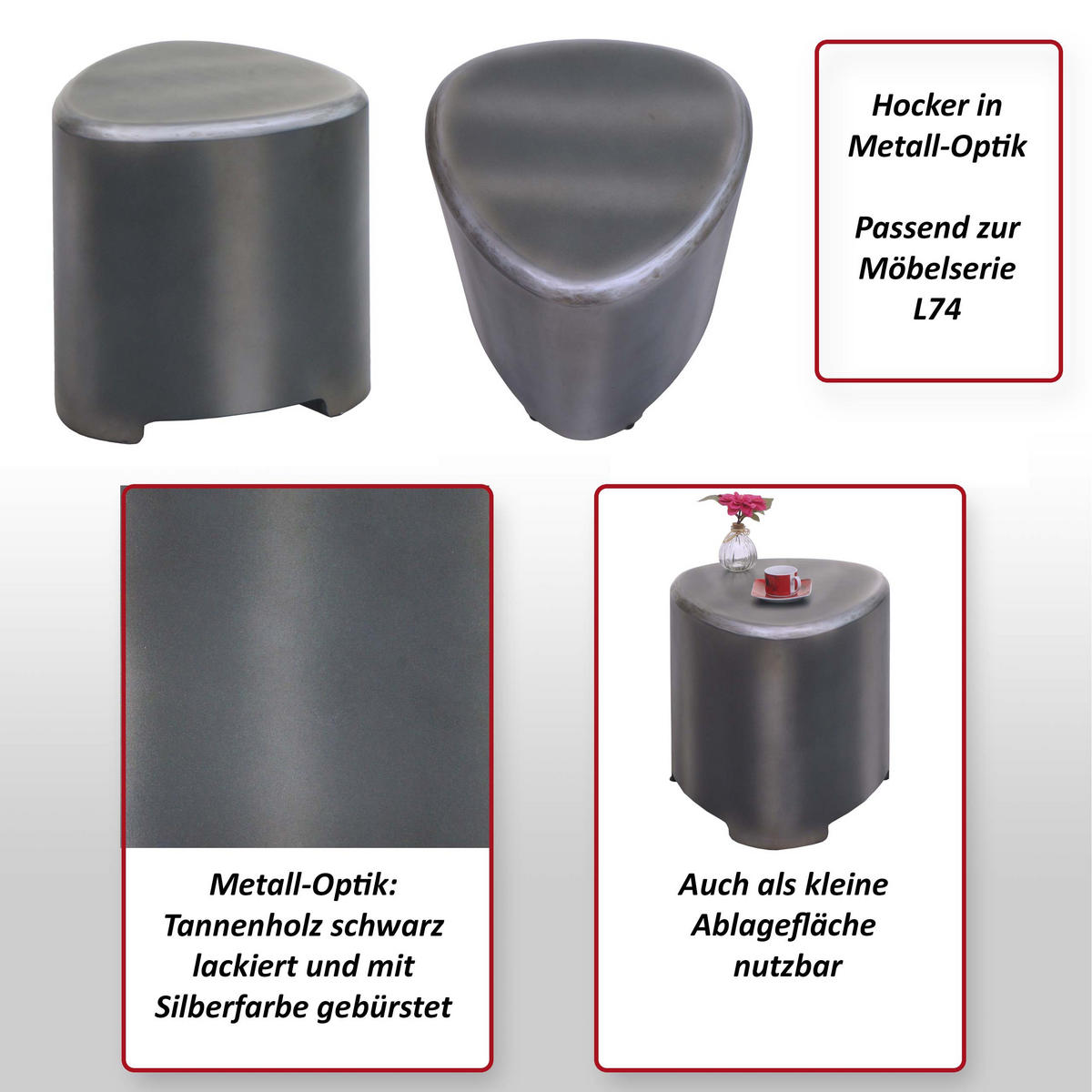 HOCKER Metall - Silberfarben, Holz (38/40/38cm) - MCW