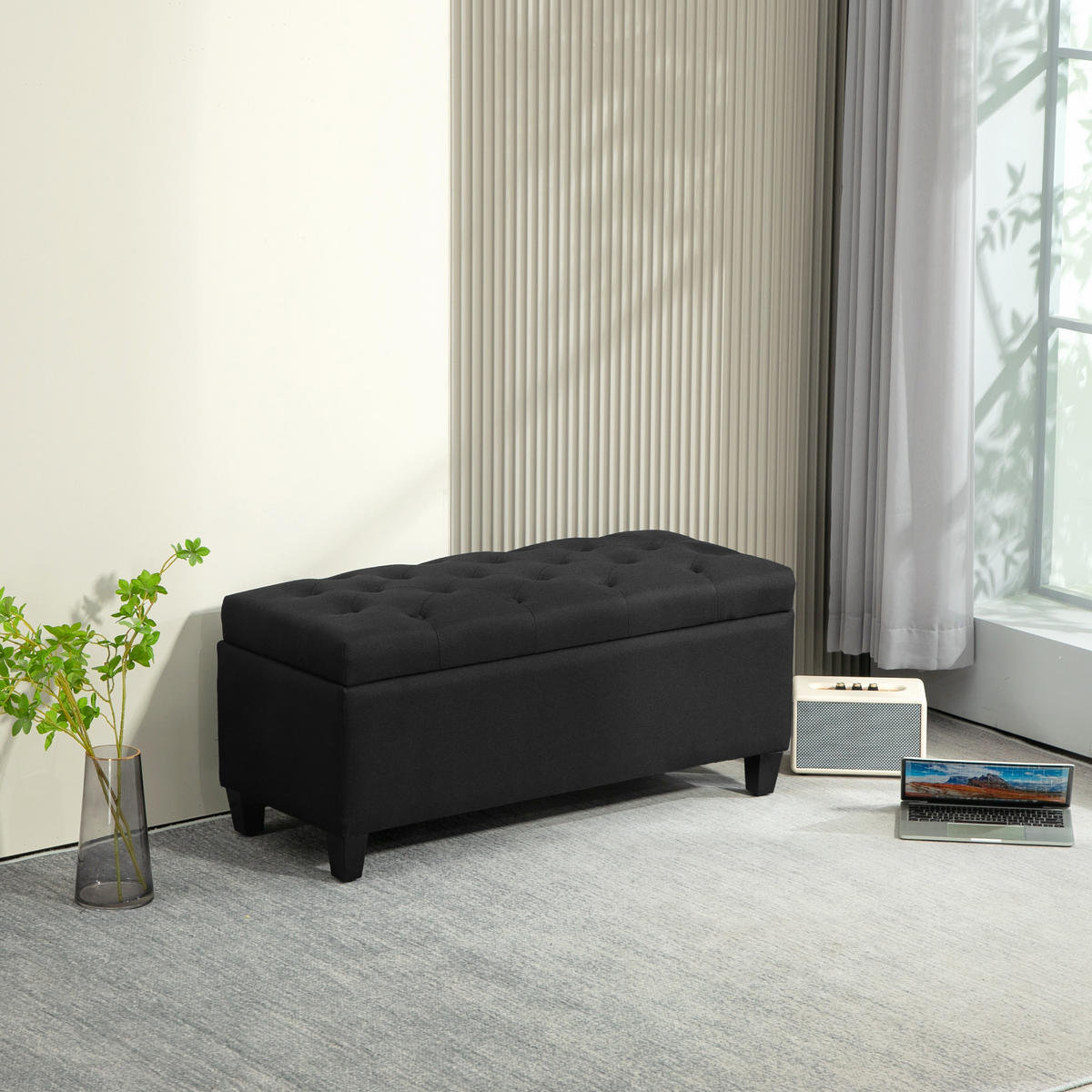 LUXUS Sitzbank Polsterbank mit Stauraum Armlehnen Polyester Holz Schwarz - Schwarz, Holz/Kunststoff (40/44/100cm) - HOMCOM