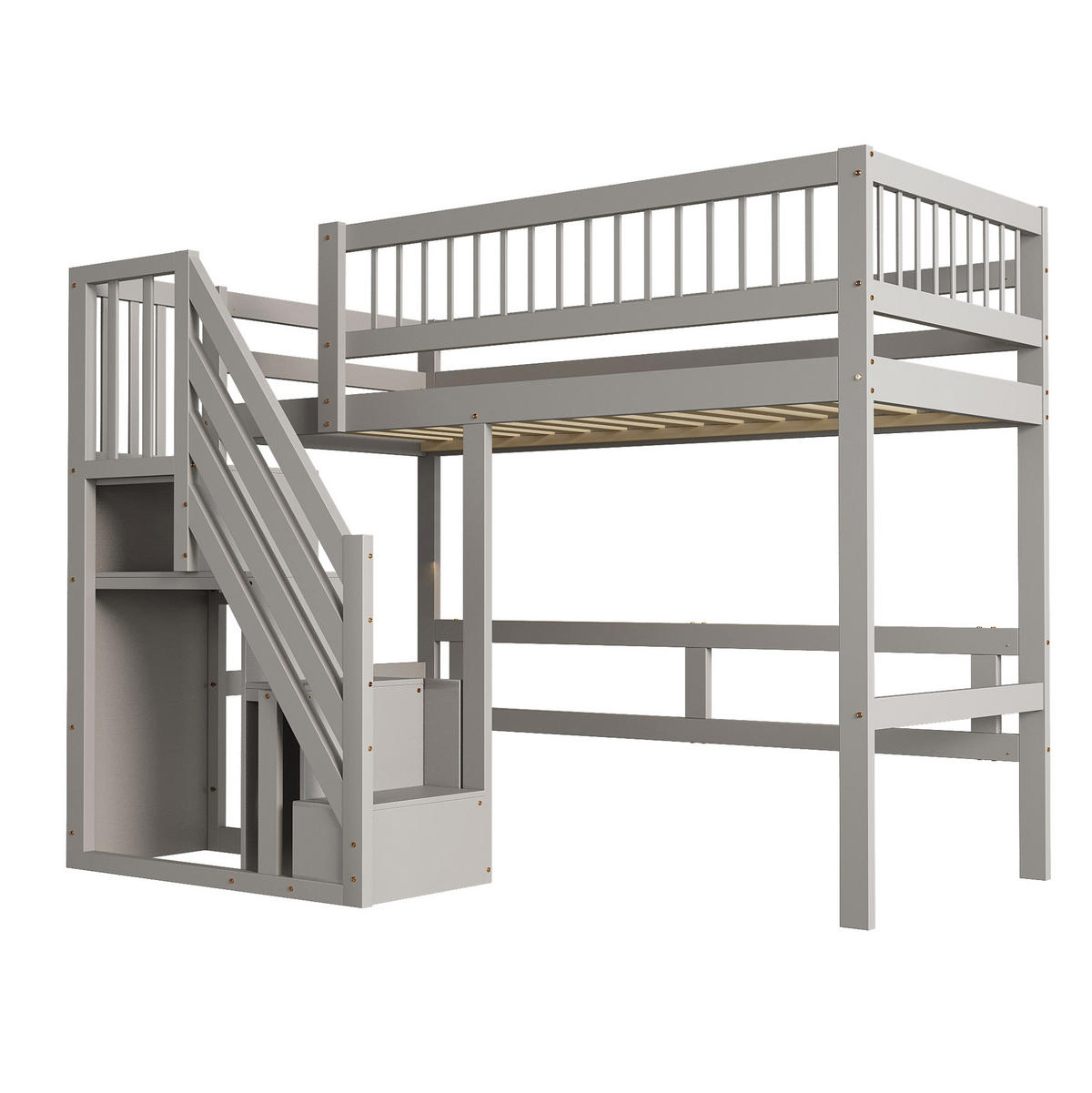 BETT mit Stauraumtreppe 90x200 cm Kiefernholz Grau - Grau, Holzwerkstoff (90/200cm) - Beauniv
