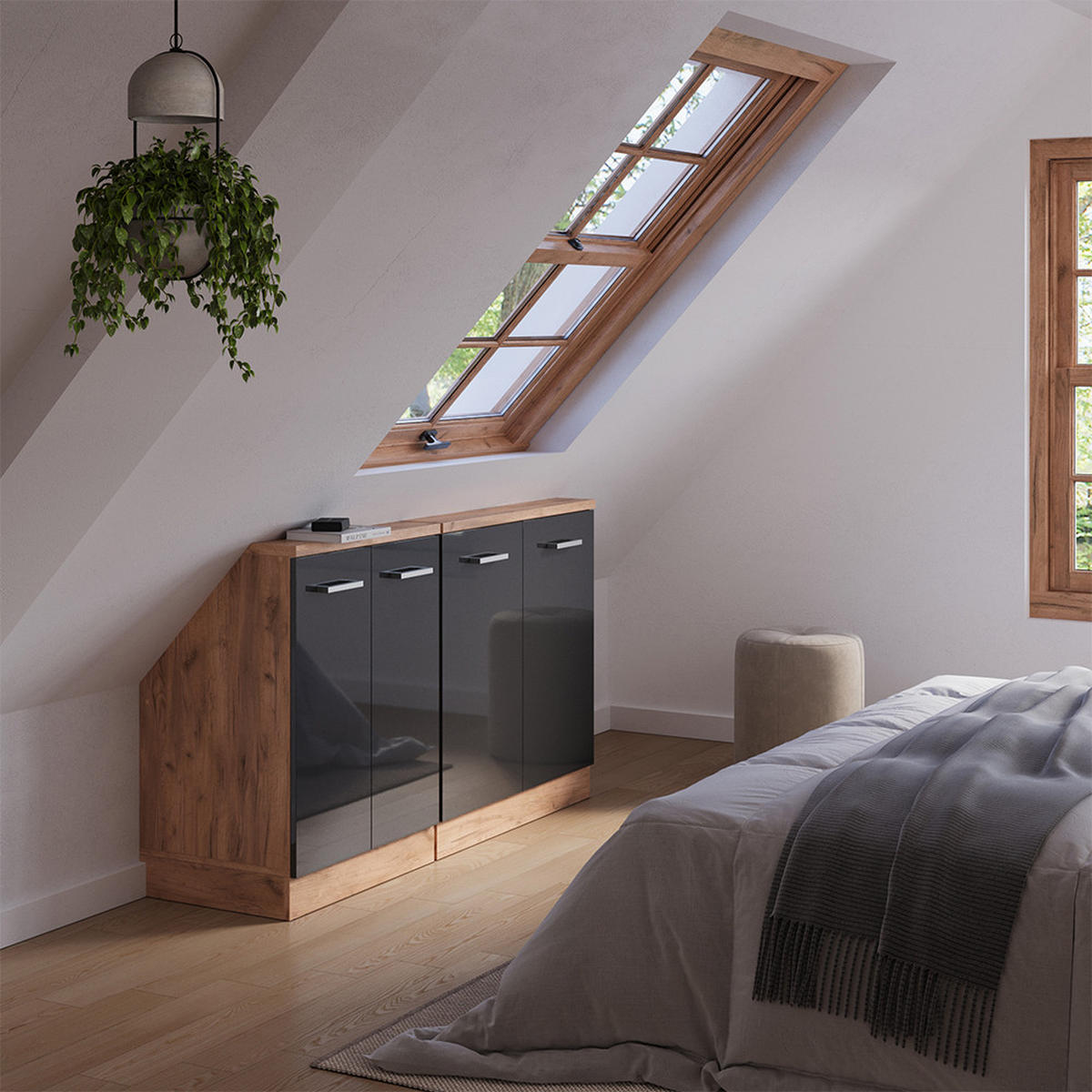 KUCHYŇSKÁ SKŘÍŇKA POD ŠIKMOU STŘECHU R-Line Antracitový vysoký lesk/zlatý dub power - medově dubová/antracitová, kompozitní dřevo (140/81.6/46cm) - Vicco