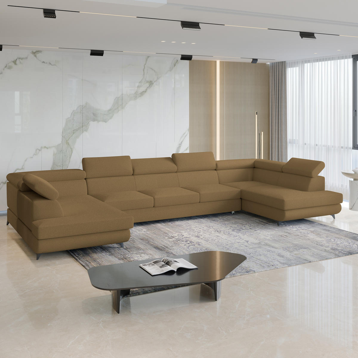 WOHNLANDSCHAFT URMANO Orange Boucle-Stoff mit Schlaffunktion - Orange, Holz (395/89/190cm) - MASSENO