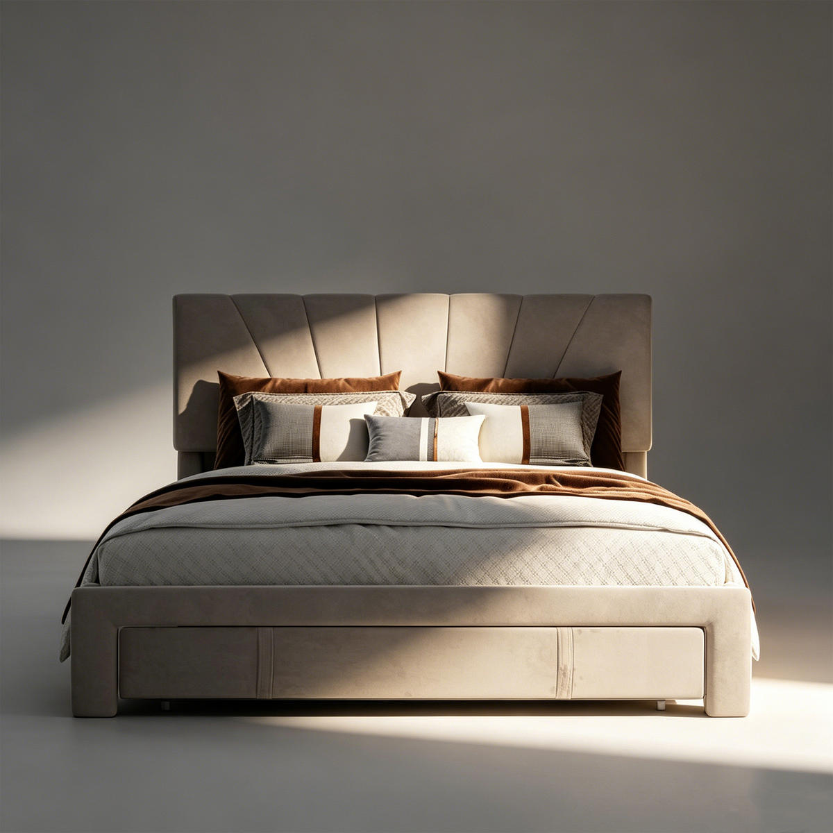 POLSTERBETT 140x200 mit stauraum, jugendbett, bettgestell 140x200 mit Schublade, höhenverstellbares Kopfteil, Lattenrost, Samt, beige - Beige, Holz/Textil (140/200cm) - GENKI LIVING