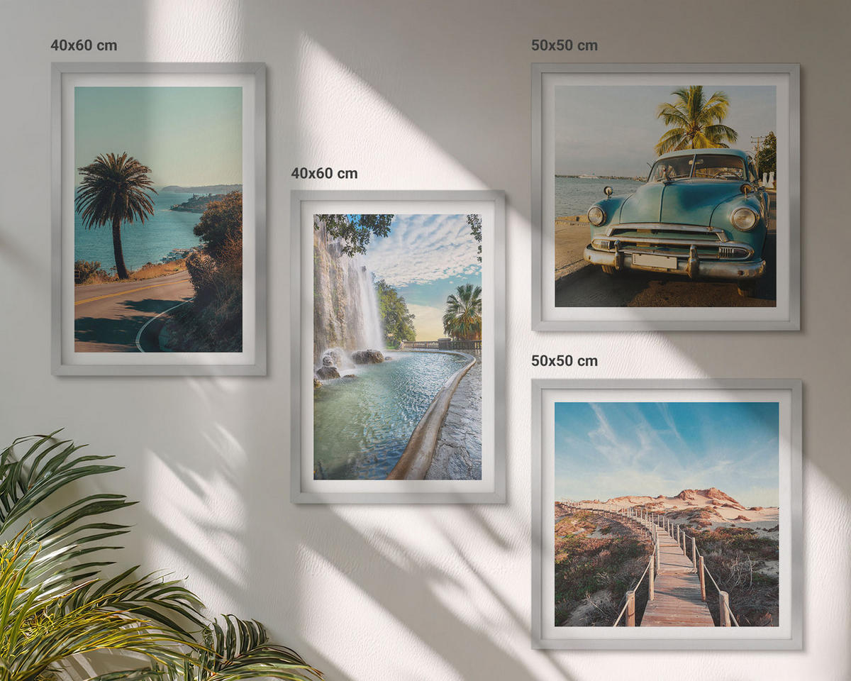 BILDER SET 4er Set - 50x50 cm & 40x60 cm Silberner Rahmen - Urlaub Palmen Wasserfall - Silberfarben, Kunststoff (50/50cm) - TULUP