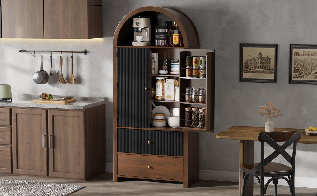 MEHRZWECKSCHRANK mit Bogendesign, Stauraum & Vintage-Optik (MDF), Schwarz, 40/80/180cm - Walnussfarben/Schwarz, Holzwerkstoff (80/180/40cm) - EVRYAE