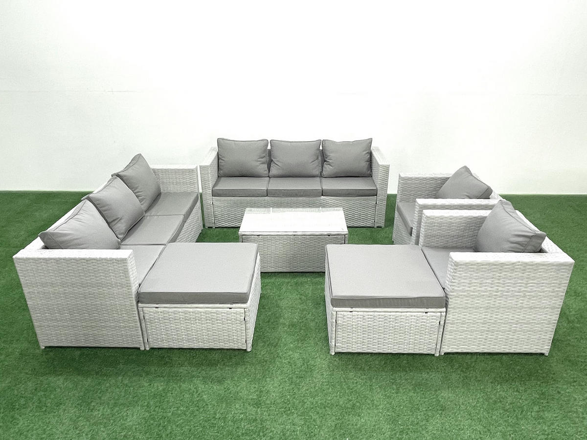 GARTENGARNITUR mit 3-SITZER SOFA,COUCHTISCH Polyrattan Hellgrau-Mix 10-Sitzer - Hellgrau/Grau, Glas/Kunststoff - Fimous